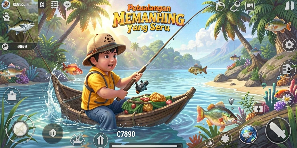 Tampilan gameplay C7890 yang menampilkan aksi memancing yang seru.