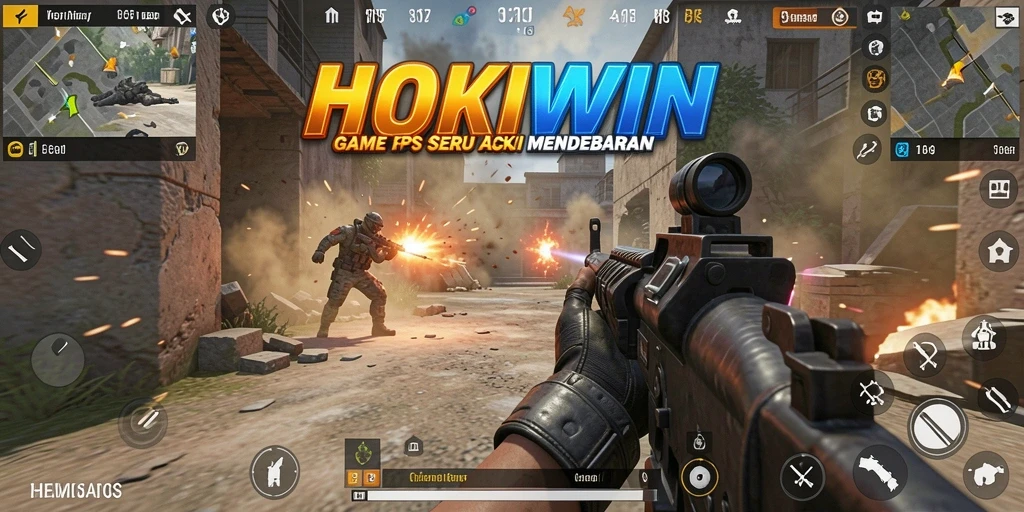 Gameplay HOKIWIN menampilkan aksi FPS yang mendebarkan.
