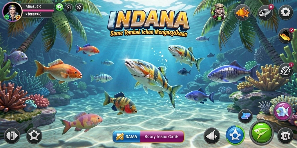 Tampilan gameplay INDAAA dengan aksi menembak ikan yang seru.