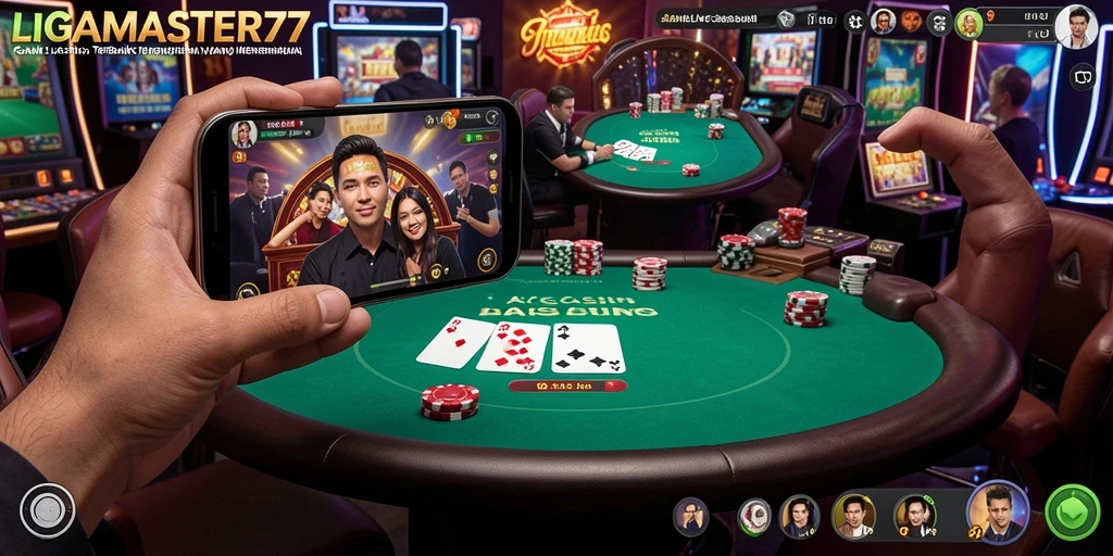 Screenshot gameplay LIGAMASTER77 menampilkan dealer live dan suasana kasino yang nyata.