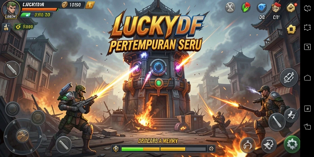 Screenshot gameplay LUCKYDF menampilkan aksi seru pertahanan menara.