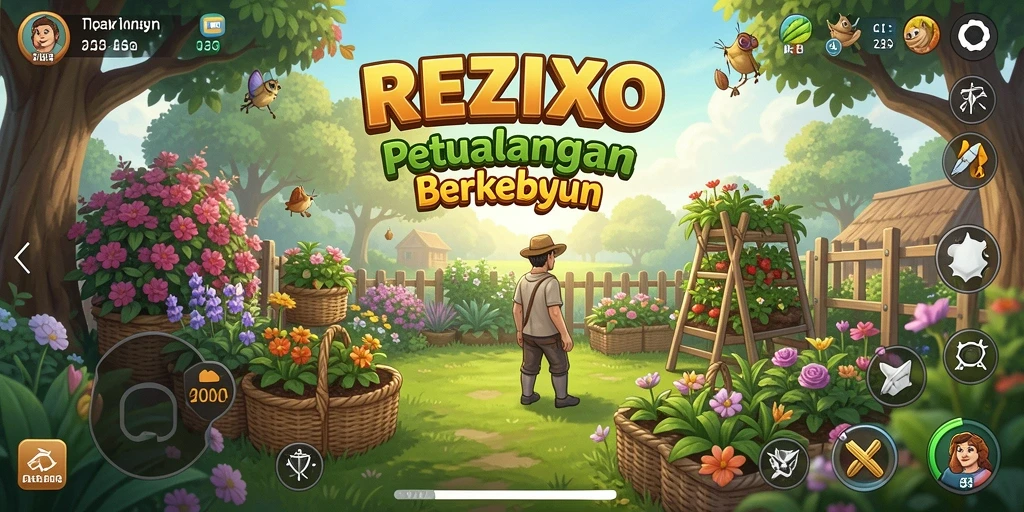 Tampilan gameplay REZIXO dengan kebun yang subur dan aktif.