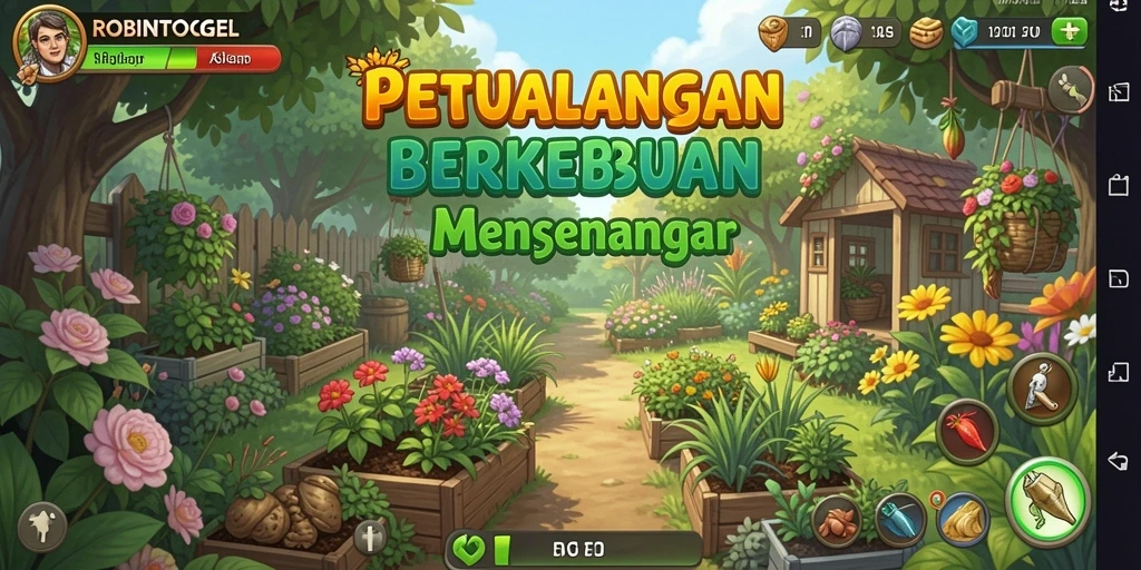 Tampilan gameplay <strong>ROBINTOGEL</strong> dengan aktivitas berkebun yang seru.