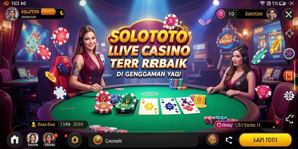 Tampilan antarmuka aplikasi SOLOTOTO dengan dealer langsung dan permainan kasino.