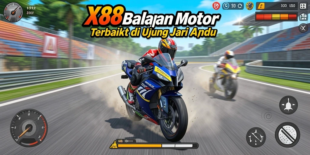 Tampilan gameplay X88 dengan aksi balapan motor yang seru dan mendebarkan.